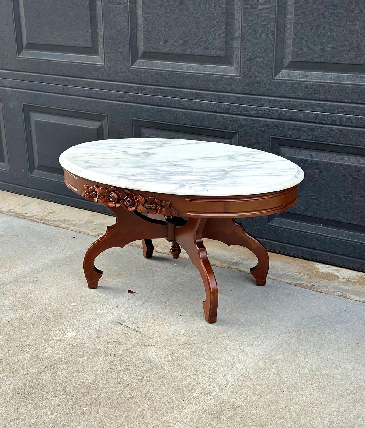 Antique Early 20th C Eastlake Mahogany Coffee Table with White Marble Top 34" Wide