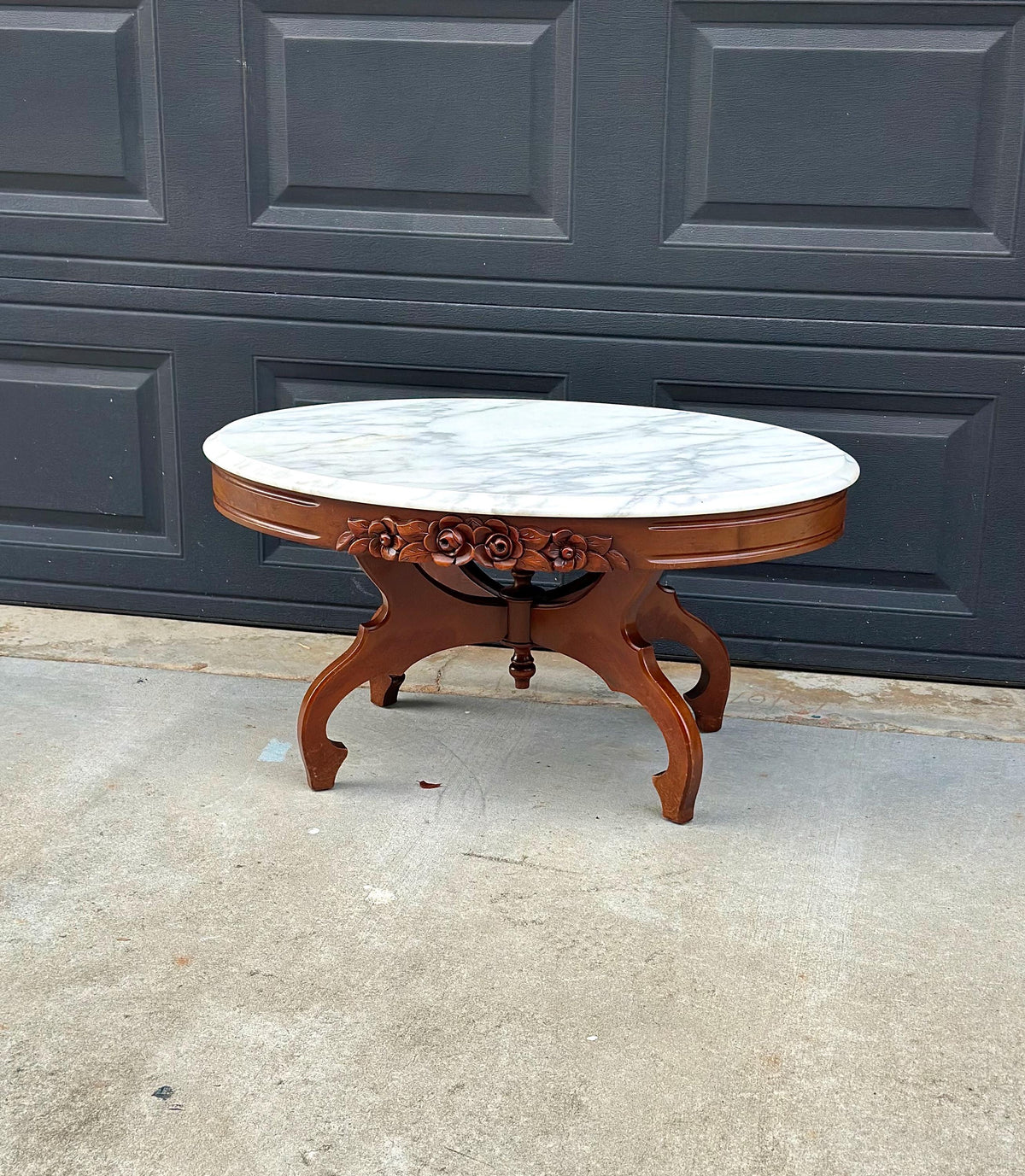 Antique Early 20th C Eastlake Mahogany Coffee Table with White Marble Top 34" Wide