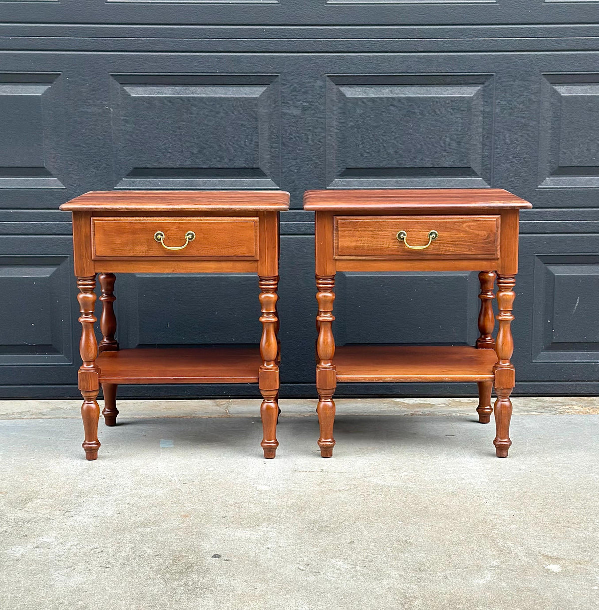 Vintage Mid 20th C Solid Cherry Single Drawer Open Shelf Nightstands 22" Wide - a Pair