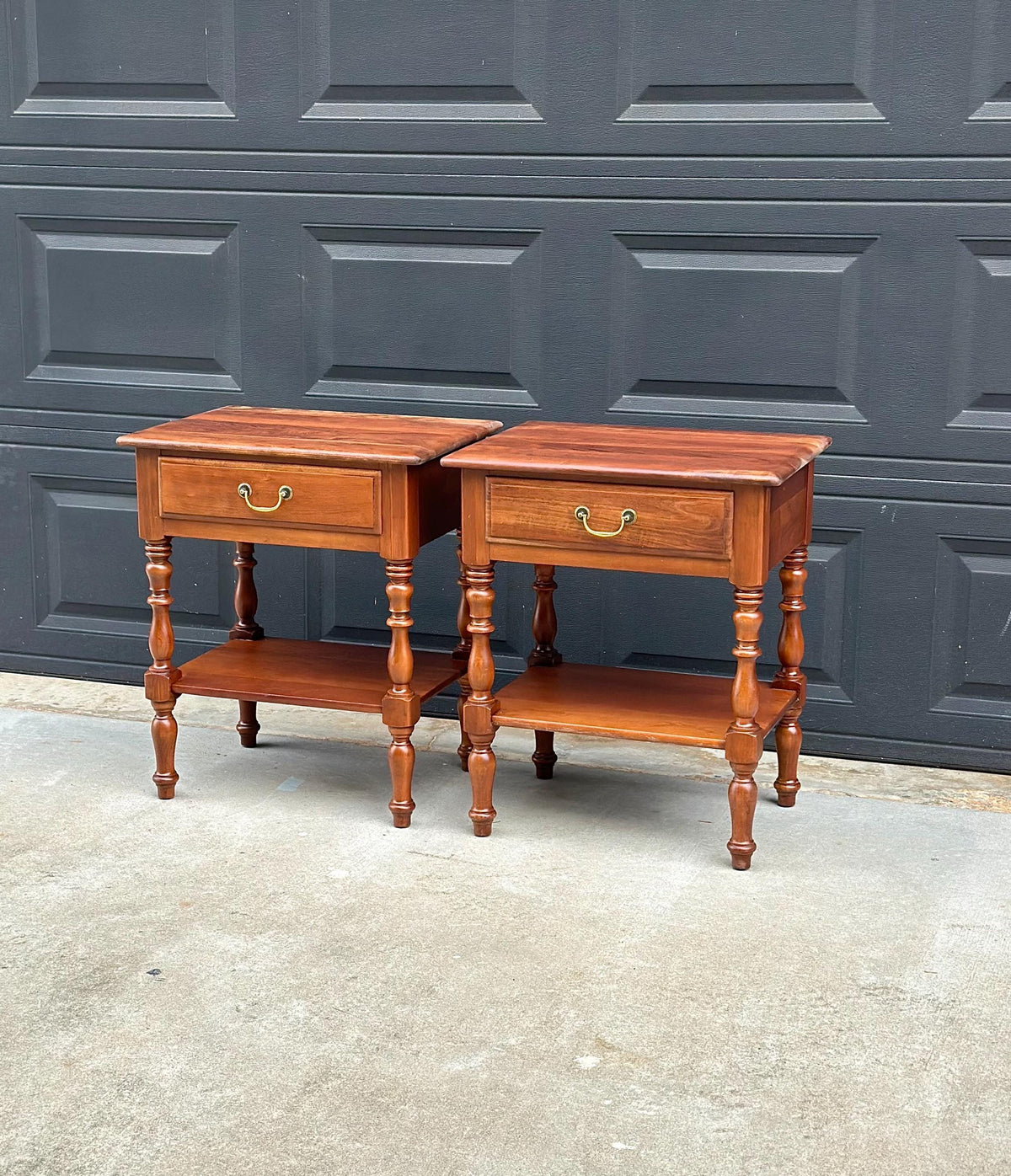 Vintage Mid 20th C Solid Cherry Single Drawer Open Shelf Nightstands 22" Wide - a Pair