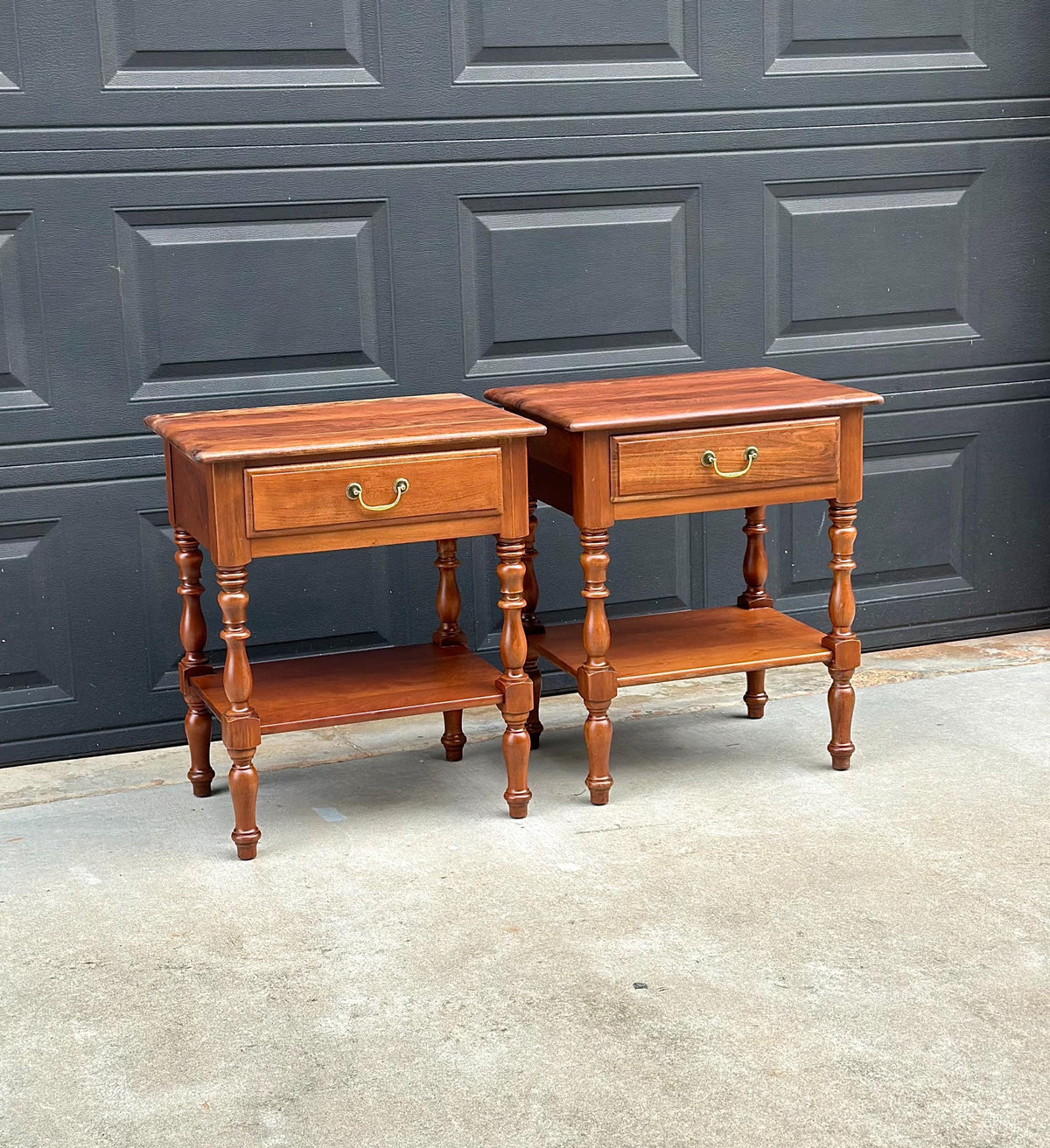 Vintage Mid 20th C Solid Cherry Single Drawer Open Shelf Nightstands 22" Wide - a Pair