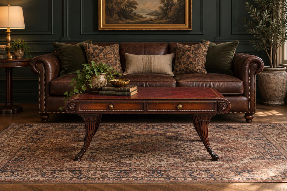 Vintage Mid 20th C Solid Mahogany & Leather Coffee Table with Drawer Storage 37.75" Wide