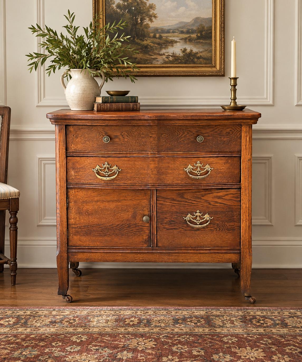 Antique Early 20th C Tiger Oak Chest of Drawers & Cabinet on Casters 32" Wide