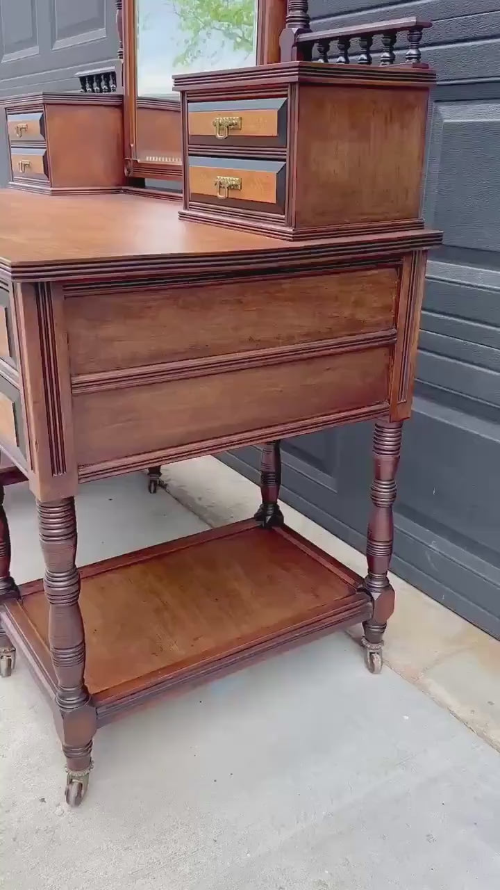 Antique Late 19th Century English Craftsman Nine Drawer Swing Mirror Walnut Accent Table on Casters by J.B. Richards, London