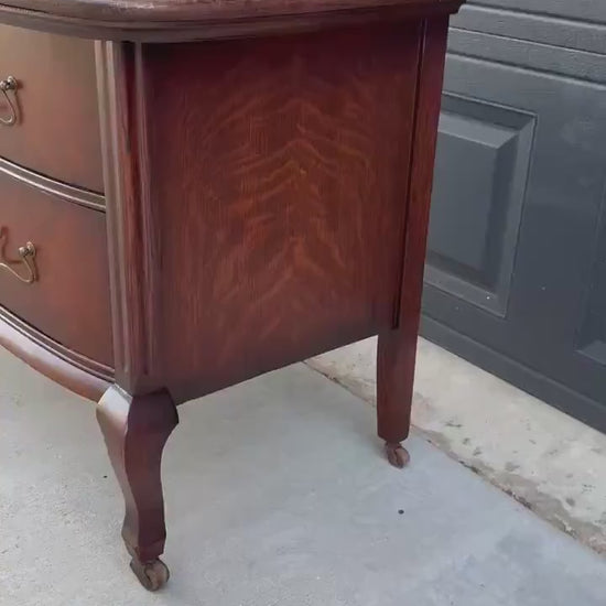 Antique Early 1900's Tiger Oak Georgian Solid Wood Low Bowfront Accent Table on Casters