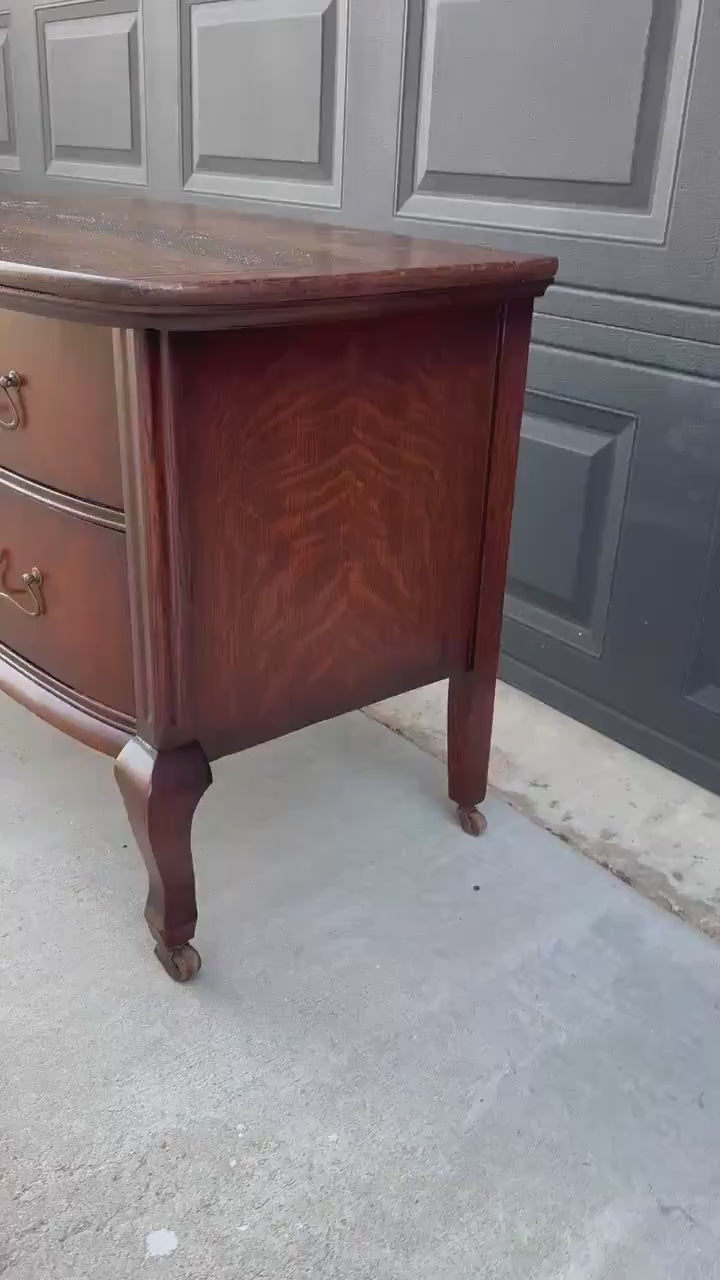 Antique Early 1900's Tiger Oak Georgian Solid Wood Low Bowfront Accent Table on Casters