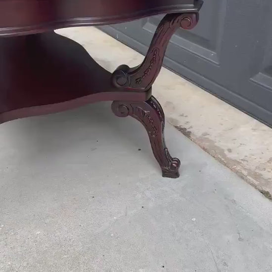 Vintage Early 20th C Carved Mahogany & Inset Leather Open Shelf Solid Wood Coffee Table