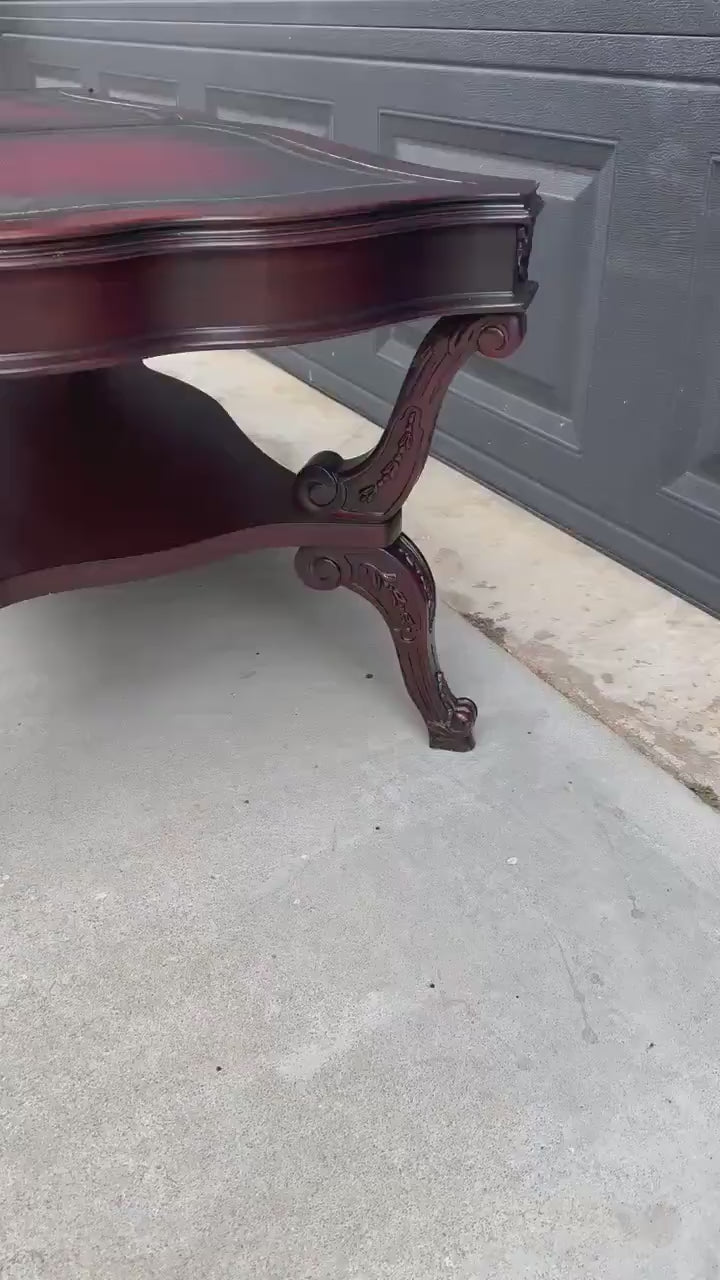 Vintage Early 20th C Carved Mahogany & Inset Leather Open Shelf Solid Wood Coffee Table