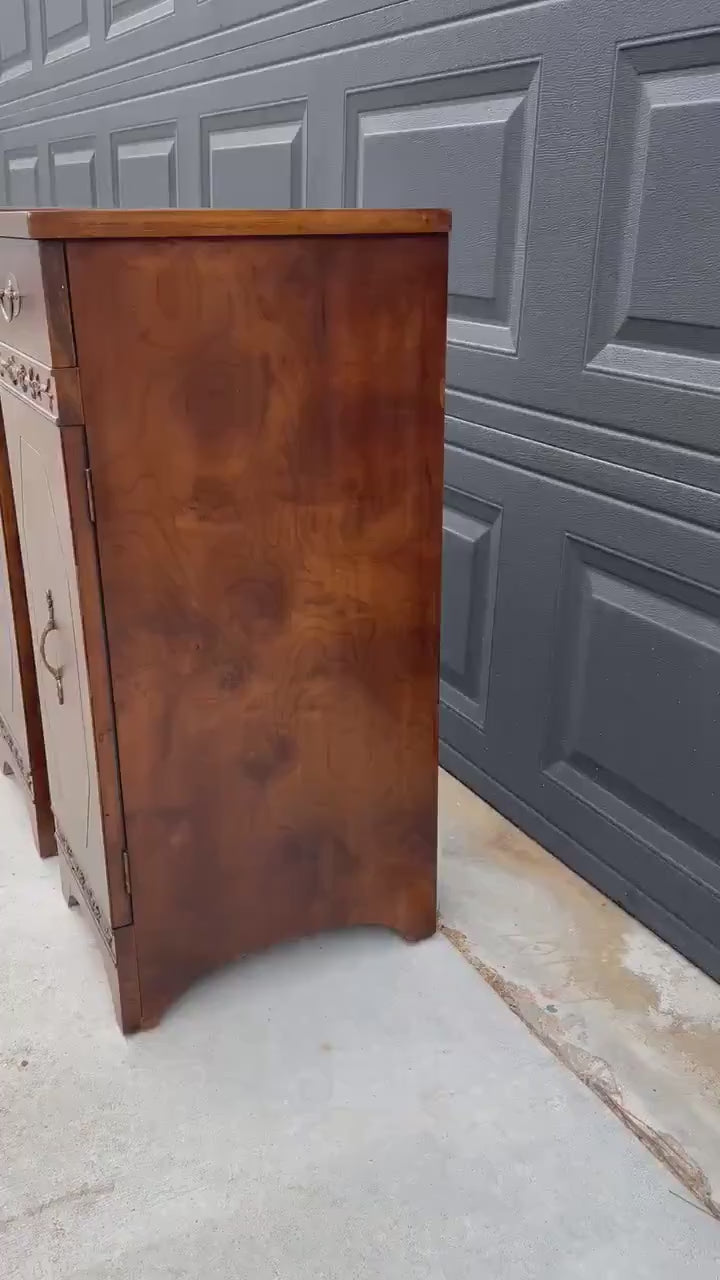 Antique Late 19th C Burl Wood Carved Narrow Side Cabinet Tables 12" Wide - a Pair