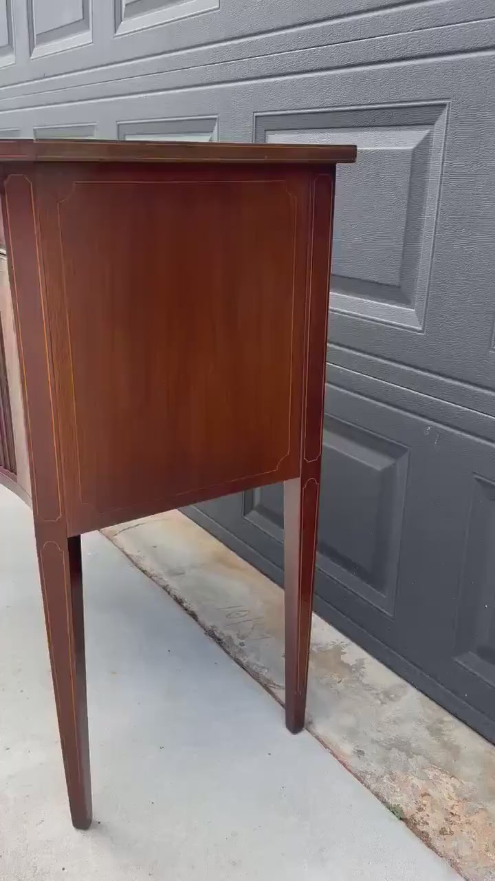Vintage Mid 20th Century Crotch Mahogany Bowfront Tambour Console Cabinet with Drawer Storage 42" Wide