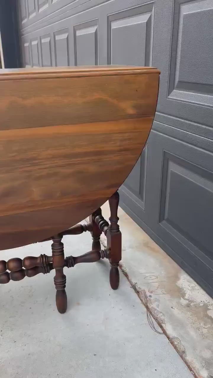 Antique Early 20th Century Maple & Walnut Turned Gateleg Drop Leaf Single Drawer Dining Table 48" Wide