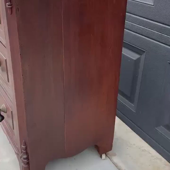 Antique Late 19th Century Solid Walnut Marble Top Eastlake Washstand Chest with Porcelain Casters & Pull Out Towel Bar 30" Wide