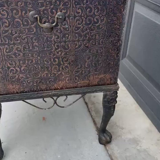 Vintage Mid 20th Century Velvet Lined Brass Studded Asian Trunk Storage Accent Table 26" Wide