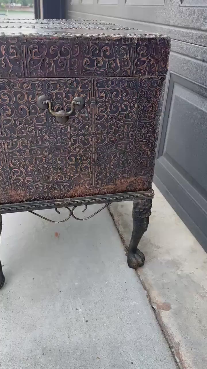 Vintage Mid 20th Century Velvet Lined Brass Studded Asian Trunk Storage Accent Table 26" Wide
