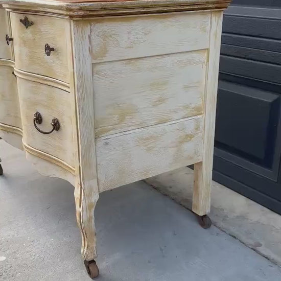 Antique Early 1900's French Solid Oak Wood Three Drawer Serpentine Front Dresser on Casters