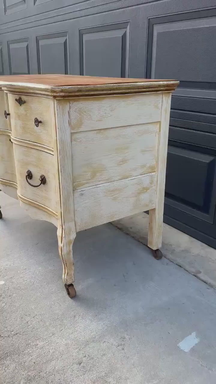 Antique Early 1900's French Solid Oak Wood Three Drawer Serpentine Front Dresser on Casters