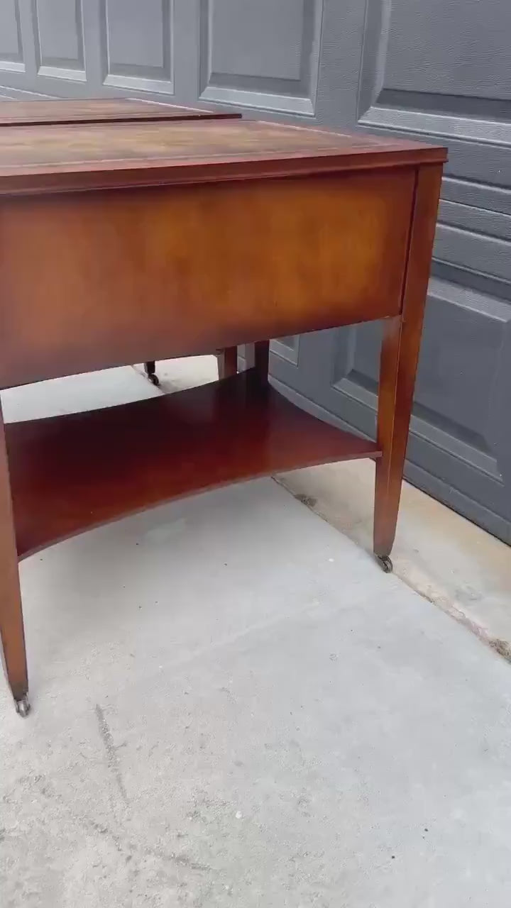 Vintage Mid 1900s Solid Mahogany Wood & Leather Traditional End Tables on Casters 17.75" Wide - a Pair