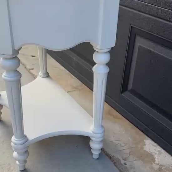 Vintage Oak Tabletop White Base Demilune Single Drawer Two Tier Accent Table 24" Wide