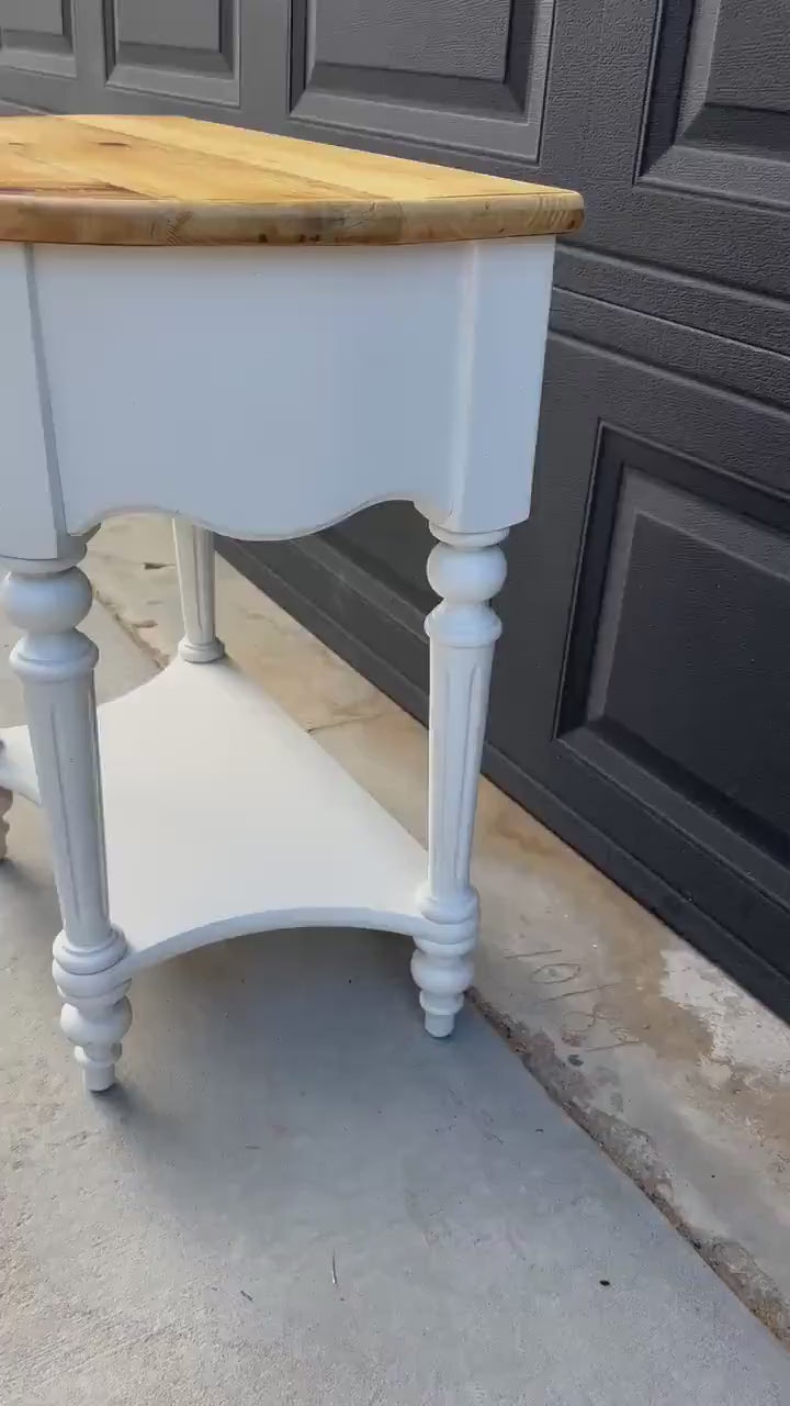 Vintage Oak Tabletop White Base Demilune Single Drawer Two Tier Accent Table 24" Wide