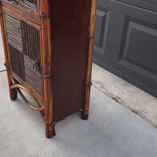 Vintage Burnished Bamboo Single Drawer Table With Cabinet