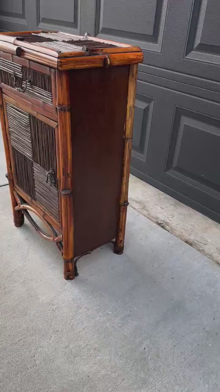 Vintage Burnished Bamboo Single Drawer Table With Cabinet