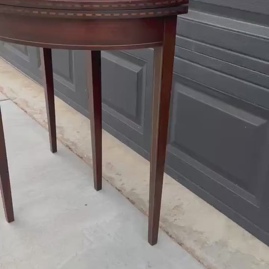 Antique Early 1900's Inlaid Mahogany Wood Folding Half Round Flip Top Card Table - Sheraton Traditional Hall Table