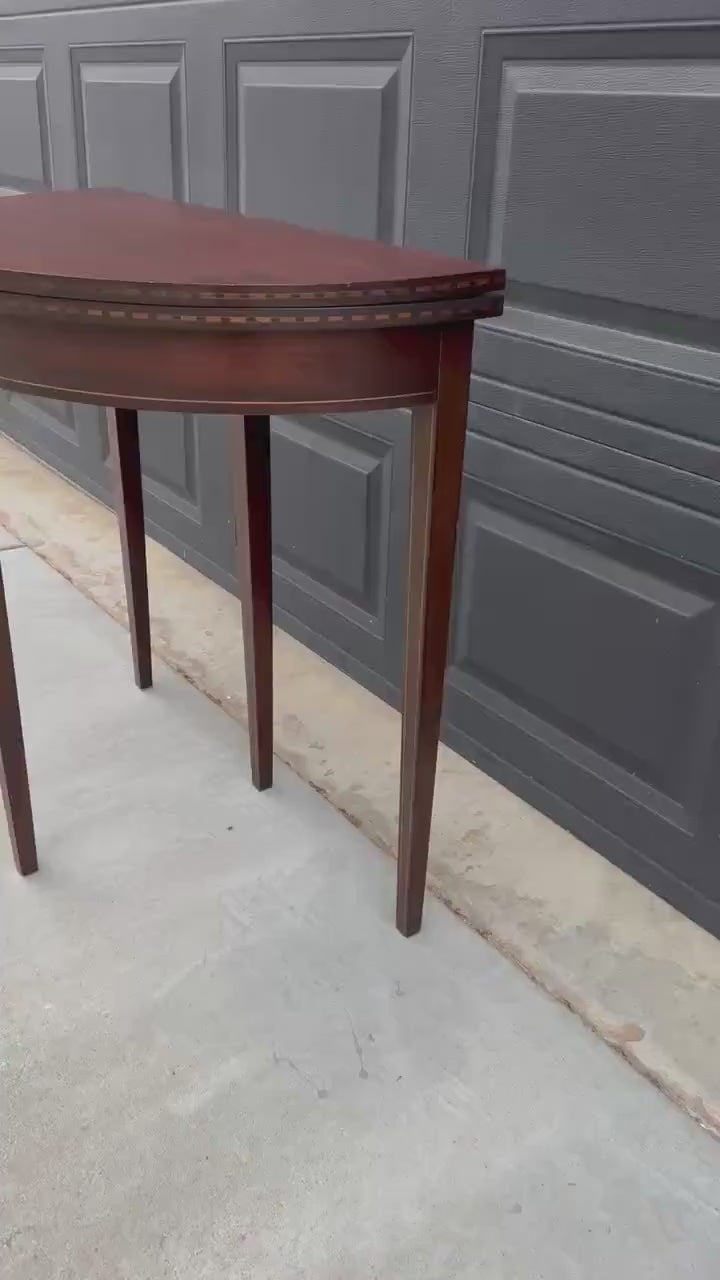 Antique Early 1900's Inlaid Mahogany Wood Folding Half Round Flip Top Card Table - Sheraton Traditional Hall Table