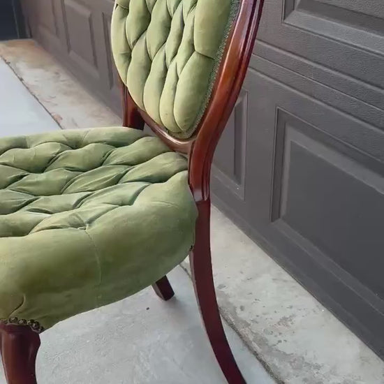 Vintage Early 20th Century Mahogany Wood & Upholstered Green Accent Chair