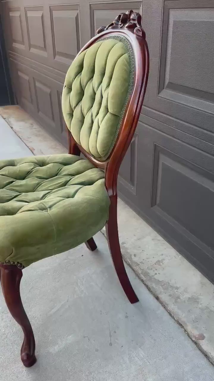 Vintage Early 20th Century Mahogany Wood & Upholstered Green Accent Chair