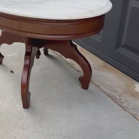 Antique Early 20th C Eastlake Mahogany Coffee Table with White Marble Top 34" Wide