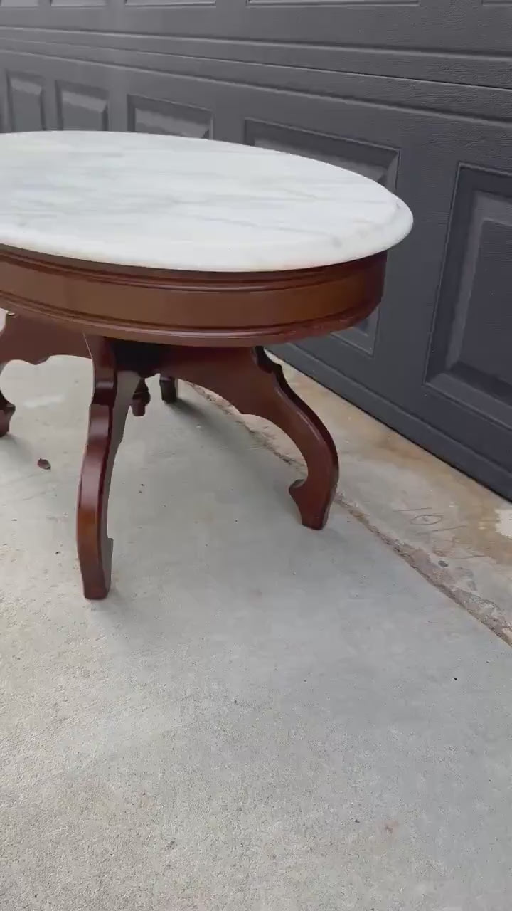Antique Early 20th C Eastlake Mahogany Coffee Table with White Marble Top 34" Wide