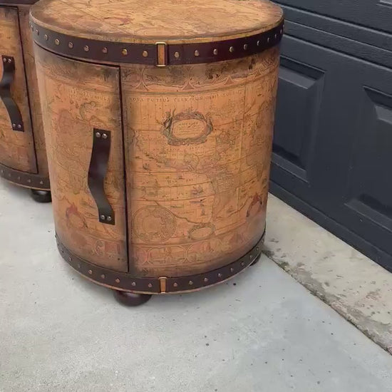 Vintage Map Wrapped Leather Trim Drum End Tables - a Pair