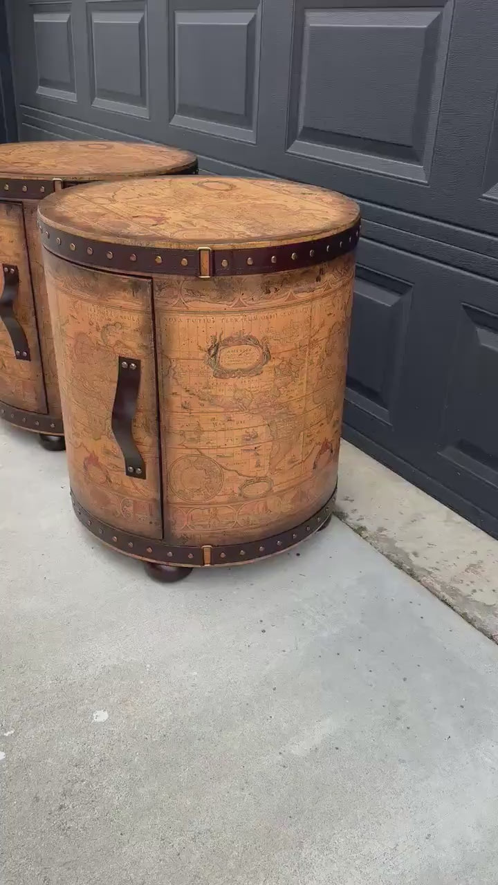 Vintage Map Wrapped Leather Trim Drum End Tables - a Pair