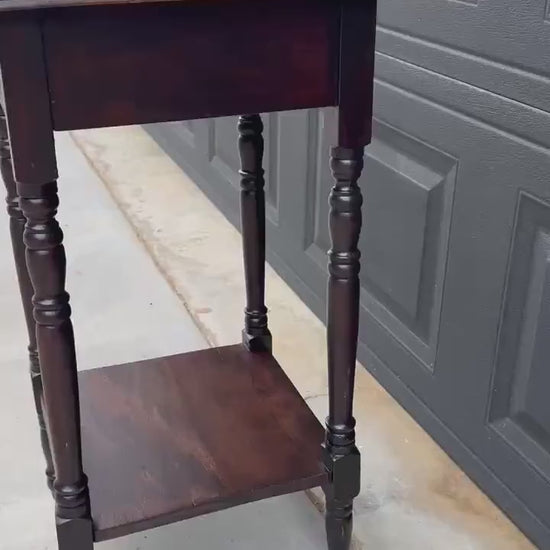 Antique Early 20th C Dark Wood Turned Leg Side Table with Drawer 14.75" Wide