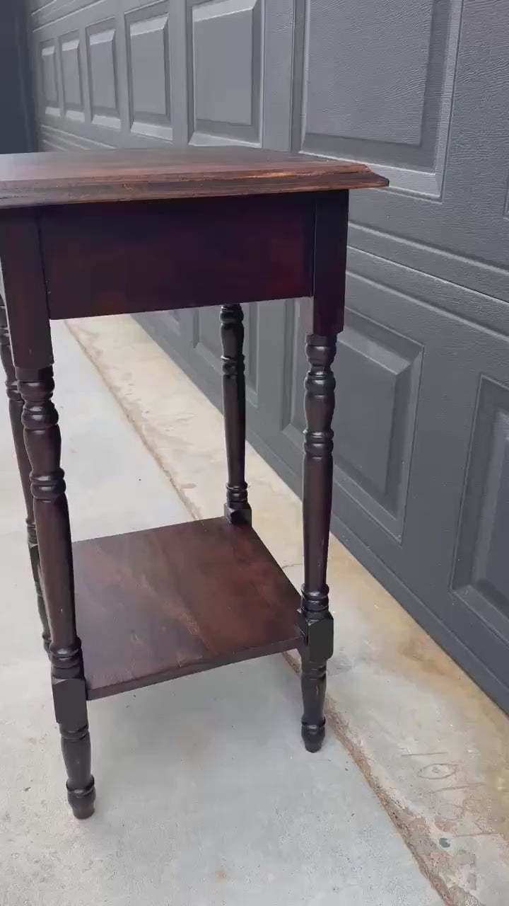 Antique Early 20th C Dark Wood Turned Leg Side Table with Drawer 14.75" Wide