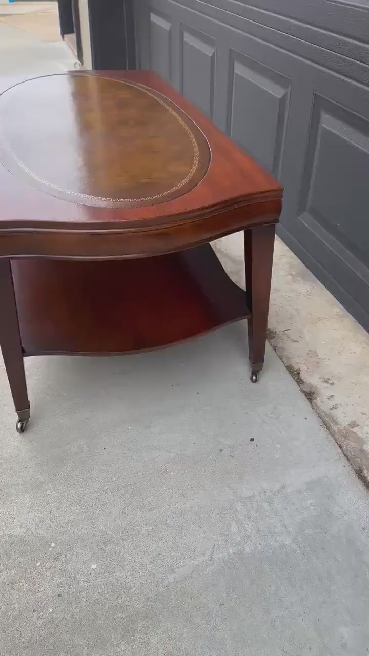 Vintage Leather Top Mahogany Coffee Table on Casters