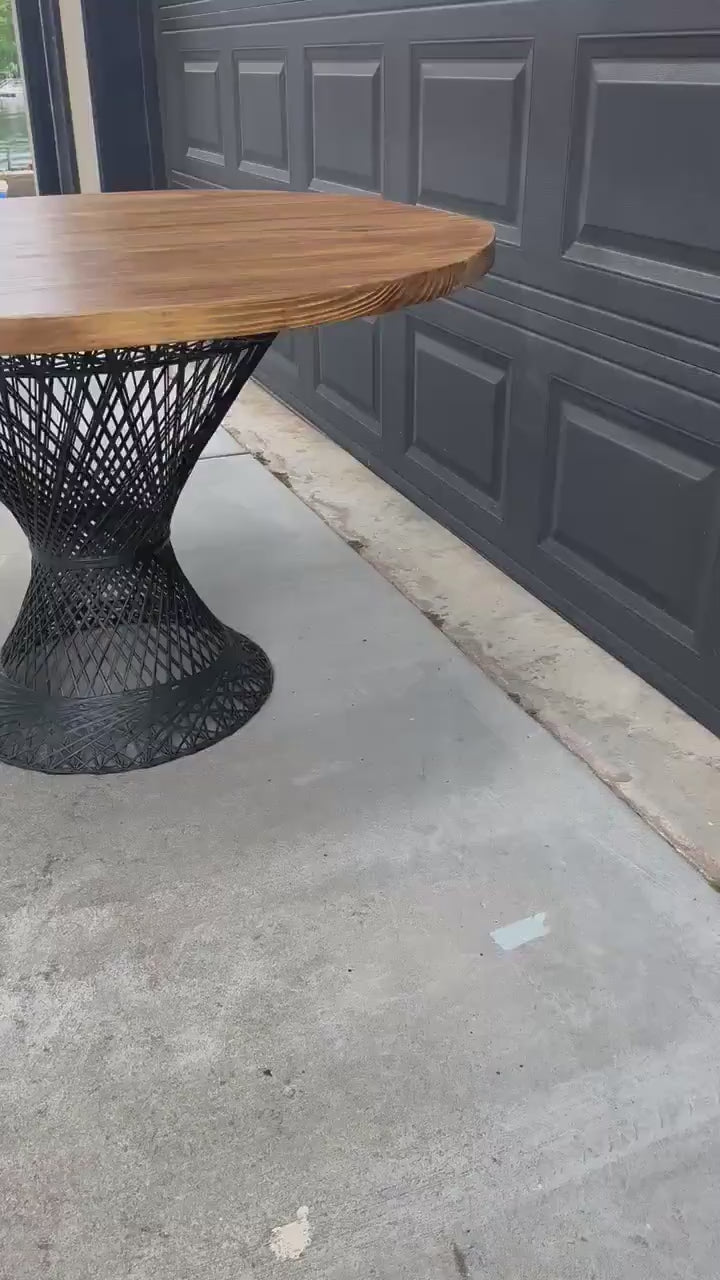 Vintage Mid Century Russell Woodard Spun Fiberglass & Oak Solid Wood Round Bistro Dining Table 47" Diameter