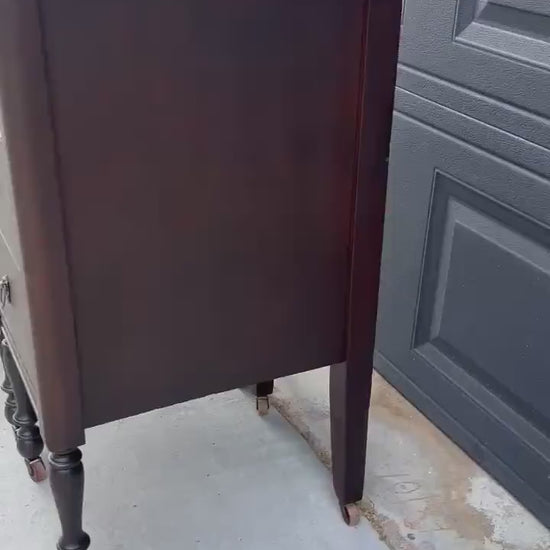 Antique 1920s Mahogany Wood Three Drawer Narrow Ring Pull Nightstands on Casters 14" Wide - a Pair
