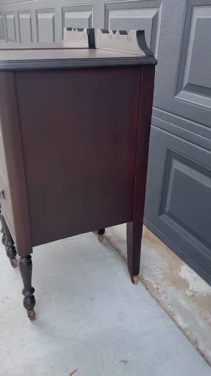 Antique 1920s Mahogany Wood Three Drawer Narrow Ring Pull Nightstands on Casters 14" Wide - a Pair