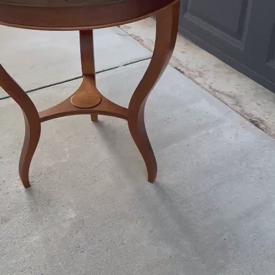 Vintage Burl Maple Round Three Leg Table with Brass Trim