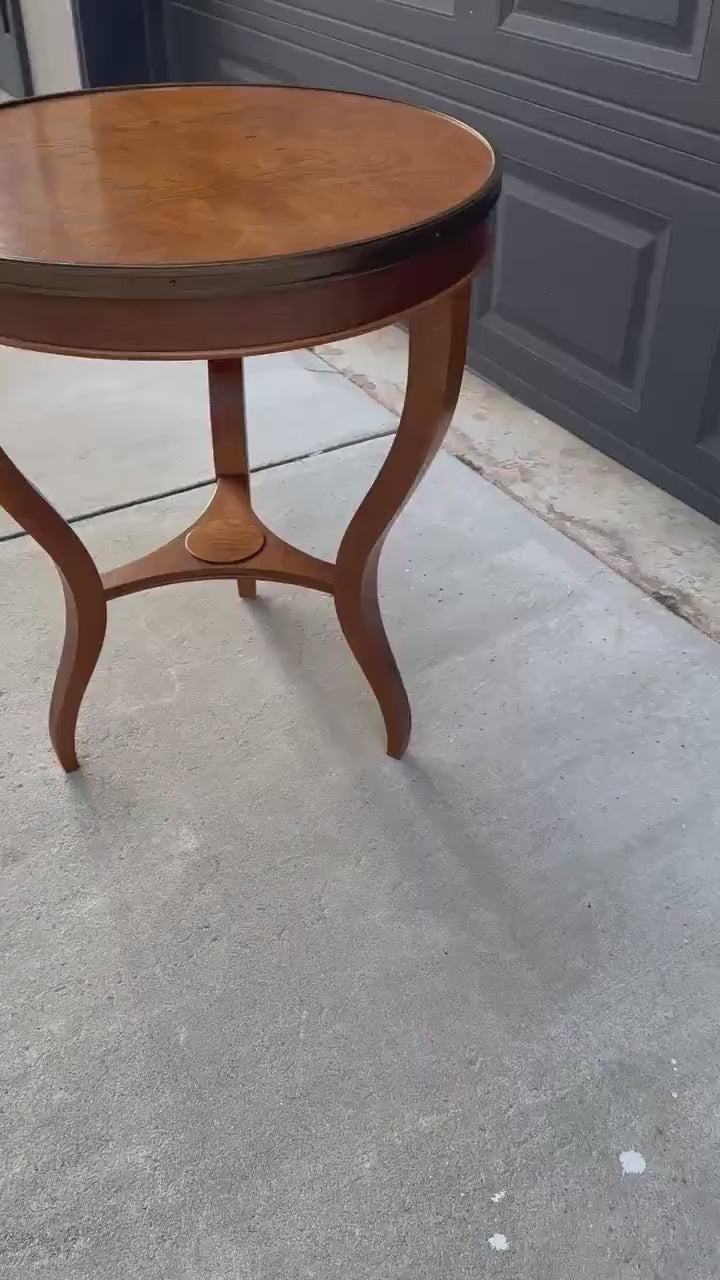 Vintage Burl Maple Round Three Leg Table with Brass Trim