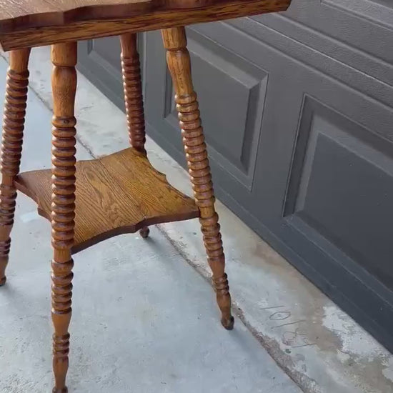 Antique Late 19th C Scalloped Oak Turned Spool Leg Two Tier Table 20" Wide
