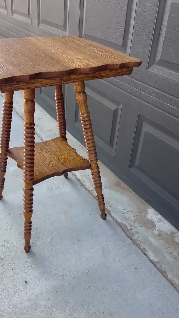 Antique Late 19th C Scalloped Oak Turned Spool Leg Two Tier Table 20" Wide