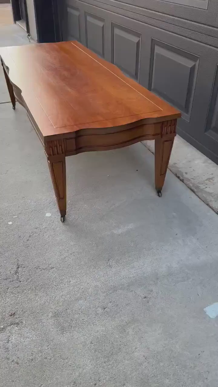 Long Vintage Cherry Wood Rectangular Coffee Table on Casters