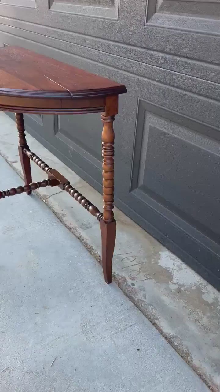Antique Late 19th C Turned Bobbin Leg Mahogany Demilune Half Moon Table 25" Wide