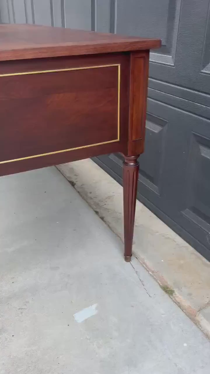 Antique Early 20th Century Fluted Leg Federal Parquet Top Mahogany Wood Accent Table with Gilt Trim 50" Wide
