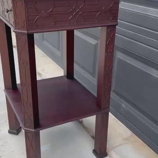 Antique Early 20th Century Bookmatched Carved Mahogany Tall Accent Table with Drawer & Open Shelf 17.5" Wide
