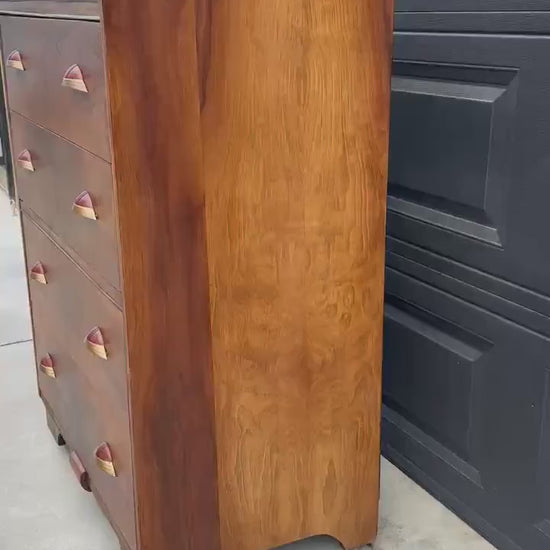 Vintage Early 1900s Art Deco Waterfall Tallboy Walnut Chest of Drawers on Casters 34" Wide