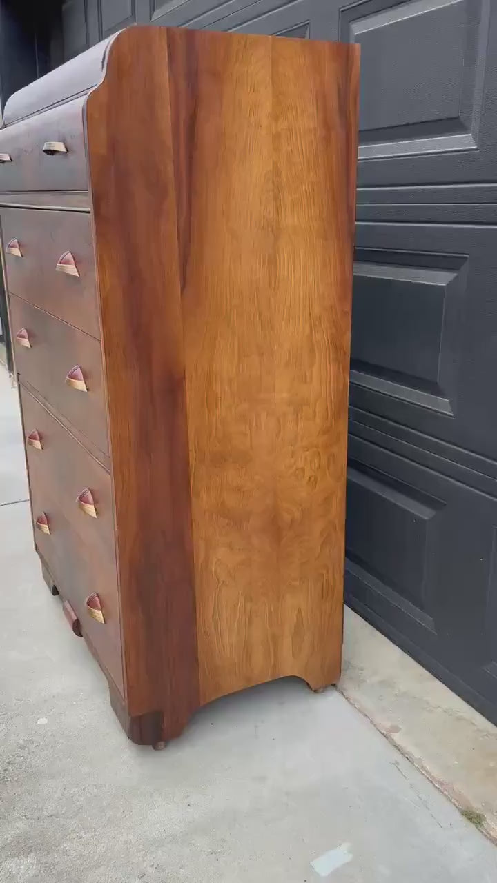 Vintage Early 1900s Art Deco Waterfall Tallboy Walnut Chest of Drawers on Casters 34" Wide
