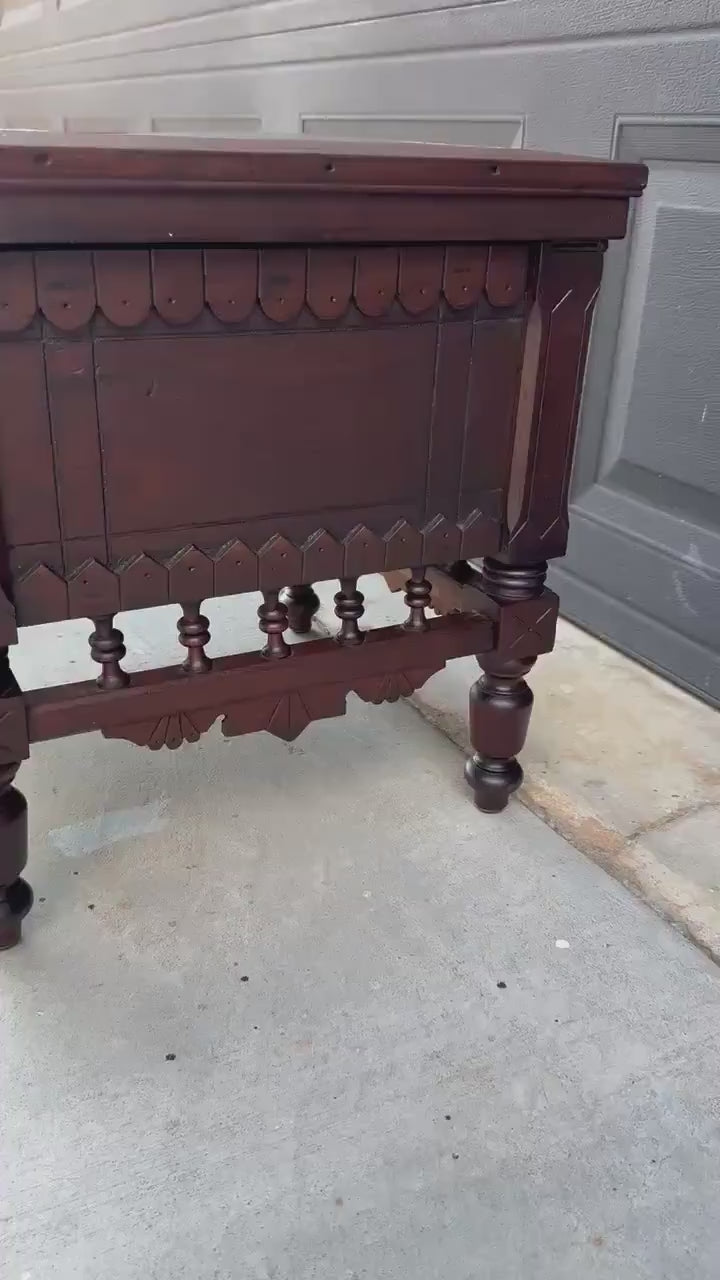 Antique Mid 19th Century Ornate Victorian Turned Leg Lift Top Storage Stool | Small Side Table 16" Wide